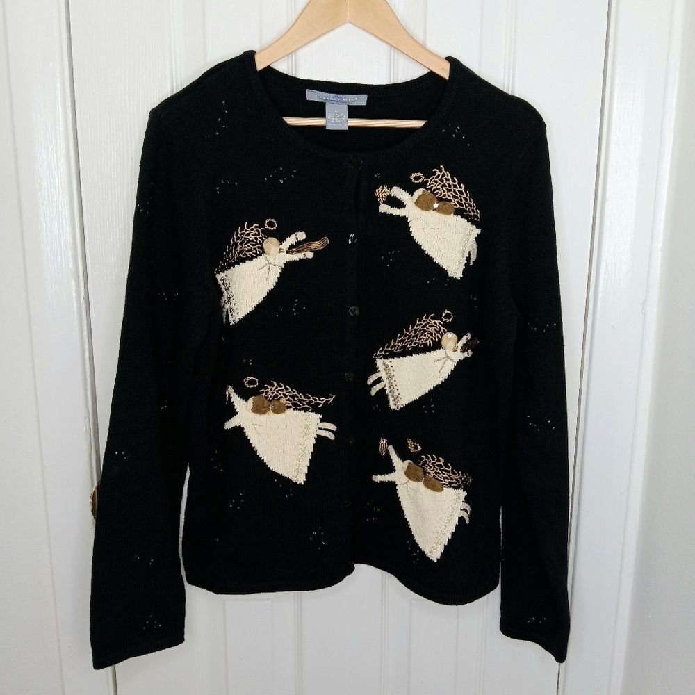 CARRIE REED Black Embellished Angel Cardigan Size Large Whimsical Bead Holiday